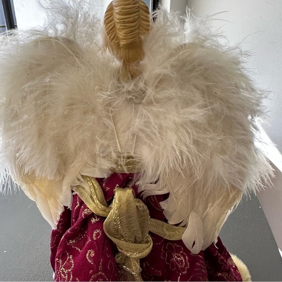 Vintage Christmas Angel Tree Topper Victorian Porcelain Red Feathers Wings Gold - Picture 11 of 13